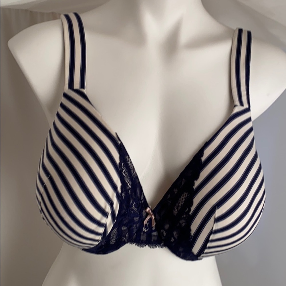 Cacique navy blue and off white striped lightly lined full coverage bra